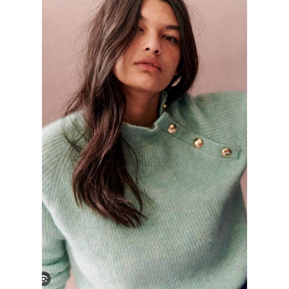 Sezane Pale Mint Crewneck Sweater with Gold Buttons